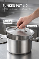 Casserole en acier inoxydable à fond triple épaisseur, avec poignée unique, compatible induction, finition brossée professionnelle, couvercle encastré, pot à lait