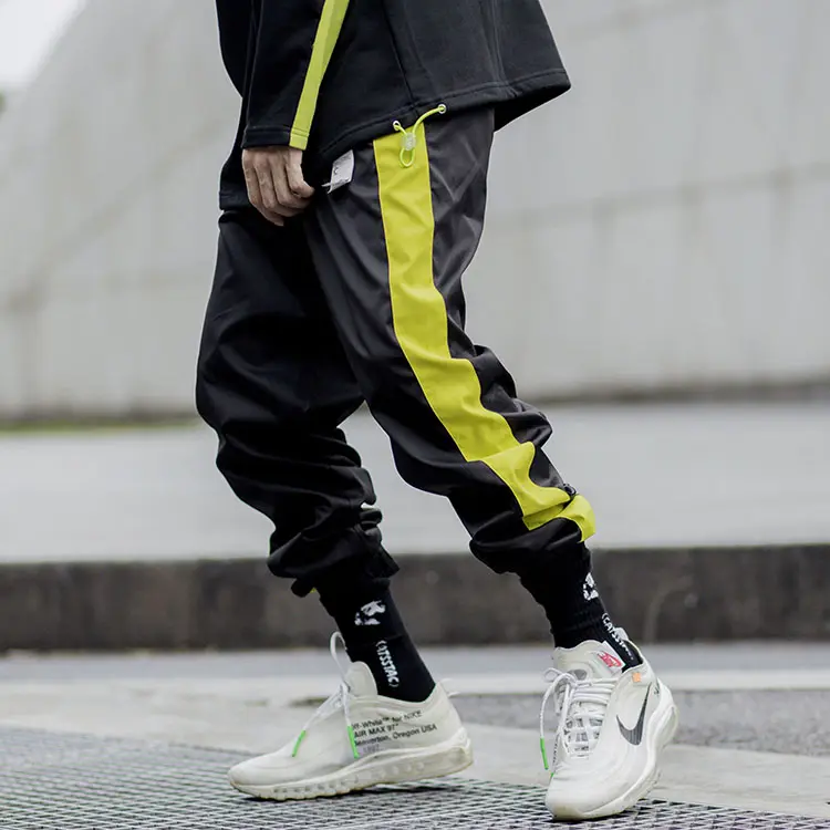 Streetwear stylish male spliced hot selling track women contrast fluorescent high quality cargo men sport jogger pants