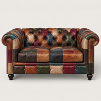 Canapé Chesterfield carré traditionnel en cuir véritable patchwork vintage, fait main, capitonné, une place, meubles de salon sur mesure