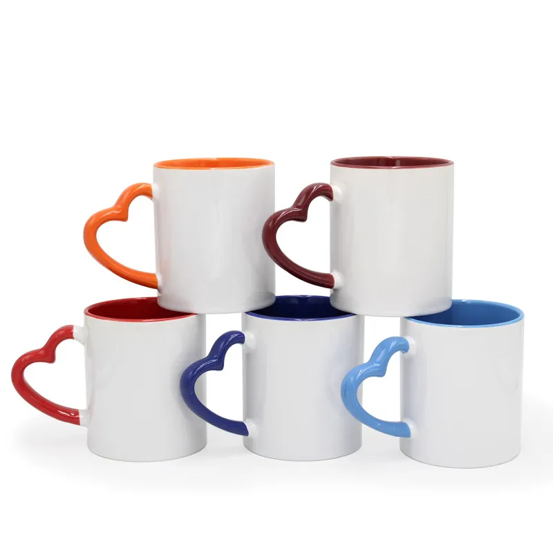 Grosir 11Oz Pewarna Sublimasi Keramik Mug Putih Warna Dalam dan Warna Hati Menangani Mug