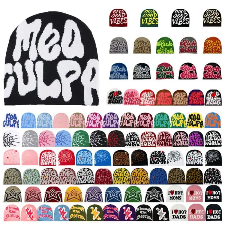 Topi beanie motif puff jacquard huruf y2k hangat pria wanita dewasa musim gugur musim dingin dengan logo kustom