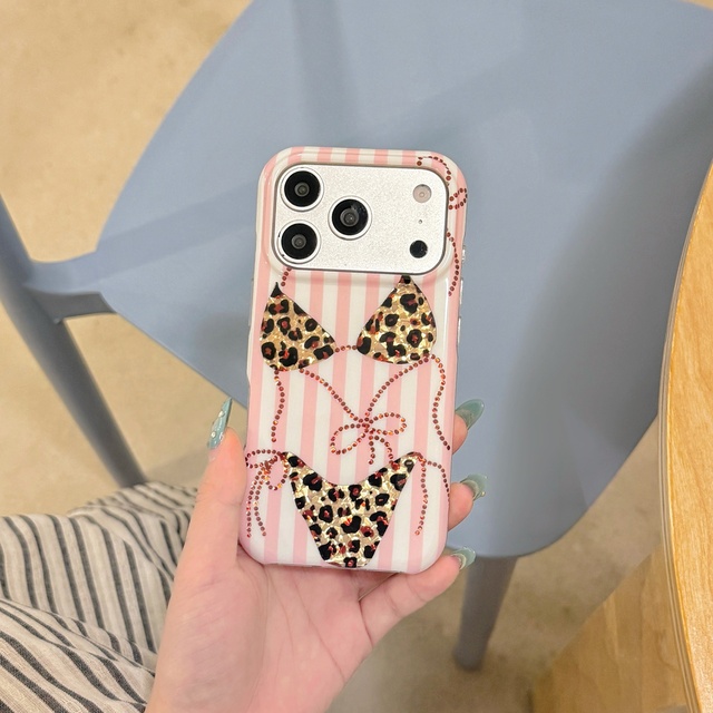 Sexy Phonecase Y2K Leopard Bikini Epoxy Phone Case Pink White Stripe Background Rhinestone Chain Decor TPU Cover for iPhone