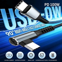 Kabel USB C ke USB C 100W PD 5A, Kabel Data Pengisian Cepat Berlapis Kepang Sudut 90 Derajat untuk Laptop dan Ponsel