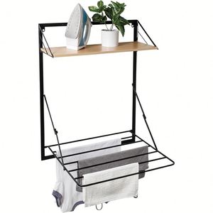 Laundry Cloth Coat Hanging Rack Drying Stand Rack Over-The-Door Compact Collapsible Drying Rack With Extra Black Walnut Shelf - Product Image 2