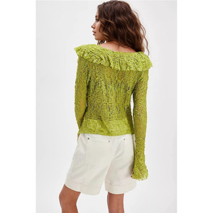 Cardigã Feminino de Outono Respirável com Decote em V, Manga Bufante Casual, Detalhes em Renda, Camisa Curta de Poliamida - Product Image 4