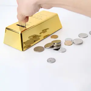 Caixa de moedas dourada em forma de bullion, dinheiro cofrinho