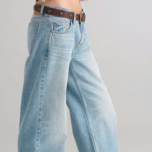 Pantalones vaqueros de <span class=keywords><strong>tiro</strong></span> <span class=keywords><strong>bajo</strong></span> de ajuste holgado para mujer OEM 100% algodón pantalones de mezclilla azul claro ropa de calle informal pantalones vaqueros de pierna ancha - Product Image 2
