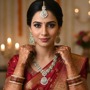 High Quality Traditional Ethnic Antique Gold Plated Zircon Flower Design Necklace Set Earrings Maang Tikka <b>Indian</b> Engagement - Product Image 3