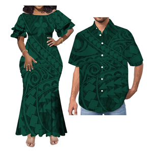 Vente en gros directe robe hawaïenne en queue de poisson à col style tropical pour hommes tenue de couple de grande taille tissu en mousseline de soie lavable - Product Image 5