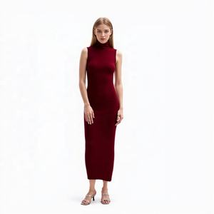 Vestido de Punto de Lana sin Mangas con Cuello Redondo Rojo para Mujer, Corte Regular, Tejido Sólido, Control de Abdomen, Largo Midi - Product Image 1