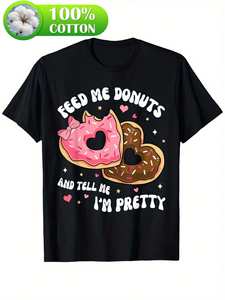 T-shirt per San Valentino in cotone nero 180g con design 'Feed Me Donuts', unisex, casual, a maniche corte, vestibilità comoda, idea regalo - Product Image 1