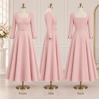 Robe longue sur mesure pour femme en crêpe, avec coutures ajustées, col carré, corsage boutonné, ceinture à la taille, manches longues, coupe trapèze, robe de soirée formelle
