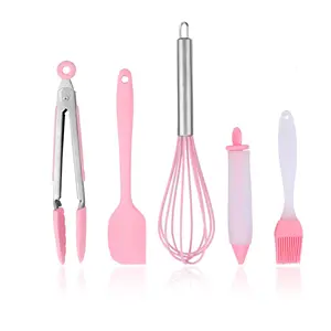 China Supplier Pink Silicone Baking 5 Piece Set Stainless Steel Beater Brush Food Tongs Cake Decorating Tool