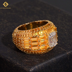 Anillos de banda con pavé completo de moissanita amarilla tipo baguette, plata S925, estilo Hip Hop, anillo grande cuadrado para hombre con moissanita blanca chapado en oro - Product Image 4