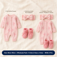 Combinaison en coton pour bébé fille style coréen, hiver, douce princesse, adorable nœud papillon, tricot pour ensemble de 3 pièces, bandeau pour cheveux