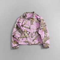 Blouson Bomber à Motif Feuille d'Érable Tricolore, Mode Printemps, Style Lavé Noir Rose Blanc, Fermeture Éclair en Coton