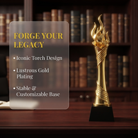 Trophée Flamme Dorée Personnalisé en Forme de Torche, Base en Cristal Noir, Artisanat Métallique, Souvenir Sportif pour Champion, Cadeau, Logo Personnalisé OEM ODM