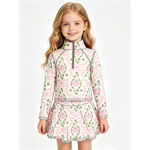 Ensemble de yoga d'automne personnalisé pour bébés filles, avec haut à manches longues zippé et jupe-short, motif nœuds citrouille, vente en gros, vêtements pour sœurs, boutique enfant, vêtements de sport - Product Image 2