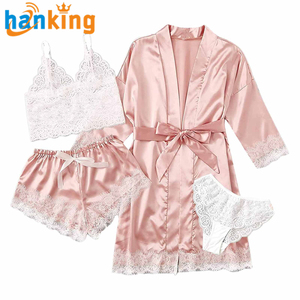 Conjunto de pijama de satén sólido con ribete de encaje de 4 piezas, bata corta de manga larga con cuello en V, Top, pantalones cortos de salón, ropa de dormir y ropa de dormir para mujer - Product Image 1
