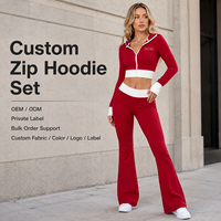 Ensemble de sweat-shirt à fermeture éclair OEM pour femmes, rouge et blanc contrasté, veste courte à fermeture éclair slim avec pantalon évasé sport taille haute, ensemble deux pièces