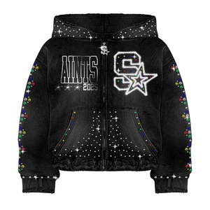 Customized Zipper Cotton <b>Jackets</b> 400gsm Boxy Distressed Heavyweight <b>Rhinestone</b> Zip Up Men's Hoodies Manufacturer - Product Image 1