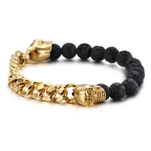 Calen pulseira de olho de tigre 8mm, pulseira masculina, corrente de aço inoxidável, vulcânica, pedra, caveira