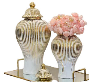 Luxe or blanc grand pot de gingembre <span class=keywords><strong>en</strong></span> céramique Table hôtel moderne fleur Vase couvercle artisanat Feng Shui moderne <span class=keywords><strong>en</strong></span> céramique porcelaine Vase couvercle - Product Image 2