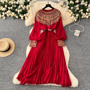 Spring Roman <strong>Tunic</strong> Slim Pleated Midi <strong>Dress</strong> For Women Empire <strong>Sequined</strong> Lace Vestidos - Product Image 1