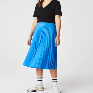 Zna Nieuwe In Blanco Kleur Hoge Taille Maxi Lange Rok Elastische Taille Vloeiende Zoete Geplooide Rokken Voor Vrouwen