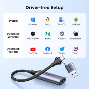 Carte de capture <span class=keywords><strong>UGREEN</strong></span> Full HD 1080P <span class=keywords><strong>4K</strong></span> <span class=keywords><strong>HDMI</strong></span> vers USB 2.0 Carte de capture vidéo <span class=keywords><strong>HDMI</strong></span> USB-A/USB-C Enregistrement audio pour jeux, streaming - Product Image 6