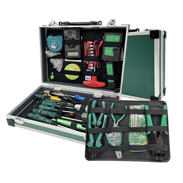 Professional Telecom Networking Tool Kit with Aluminum Alloy Box Crimping Stripping Cutting Functions and Telecom Cables