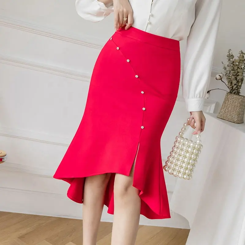 Skirts Women New 2022 Fashion Black Red Women Maxi Skirt Elegant Office High Waist Long Slit Mermaid Skirts for Ladies Casual