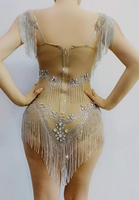 Bodysuit pesta tembus pandang berlian imitasi pakaian klub ukuran besar kostum panggung dansa Playsuit wanita seksi
