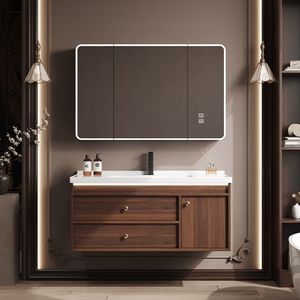 Mueble de baño de madera maciza china color nogal con lavabo integrado de cerámica y espejo. - Product Image 2