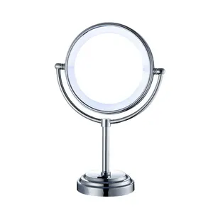 Beelee Cermin Rias Meja Mengilap Krom 1X/3X Kaca Pembesar Dua Sisi Berlampu 360 Putar Kosmetik untuk Meja