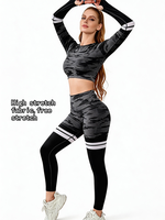 Setelan Yoga Fitness Musim Semi Gugur Terbaru 2-Potong Celana Panjang Lengan Panjang Bernapas Bermotif Menyerap Keringat Elastis Pinggang Elastis