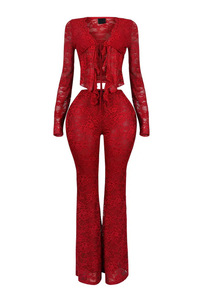 Women's <b>Sexy</b> Tie Hollow Cardigan Long Sleeve Lace Shirt Long Pants 2 Piece <b>Set</b> Fashion - Product Image 6
