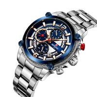 Montre chronographe à quartz pour homme, trois sous-cadrans, fenêtre de date, cadran bleu, bracelet en acier argenté