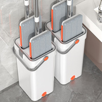 Vadrouille plate autonettoyante avec seau en acier et tampon en microfibre poignée détachable raclette mains libres pour le nettoyage des sols
