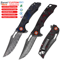 Couteau de poche pliant tactique de survie, lame Damas, manche en fibre de carbone, aiguisé, pour camping, certifié BSCI