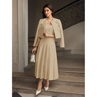 Fabricant OEM ODM sur mesure, ensemble deux pièces en tweed kaki pour femmes, veste courte, robe mi-longue plissée sans manches, hiver, marque privée