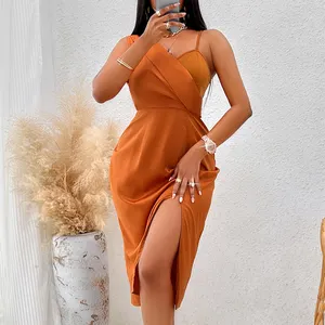 Mùa Hè Màu Cam Một Vai Không Tay Ngọt Ngào Sinh Nhật Ăn Mặc Cao Eo Slit Sexy Dresses Phụ Nữ