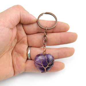 DIY Home use Factory wholesale lovely cartoon heart shape gemstone amethyst tree of life key chain