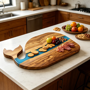 Planche à découper en bois d'olivier en forme de baleine et résine époxy bleue, pour la cuisine et les restaurants - Product Image 3