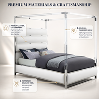 Lit à baldaquin de luxe en acrylique transparent avec cadre en acier inoxydable durable et tête de lit rembourrée en cuir, disponible en tailles Queen et King