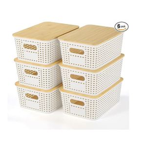 Plastic Storage Baskets With Bamboo <b>Lid</b> Stackable Storage <b>Bins</b>: Storage Baskets for Organizing - Product Image 1
