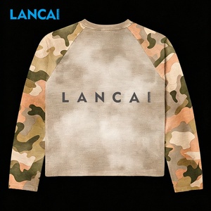 Lancai Custom Breathable Patchwork <b>Camouflage</b> Long Sleeve Waffle Raglan Sleeve T Shirt Men's Distressed Print Cotton Cargo - Product Image 3