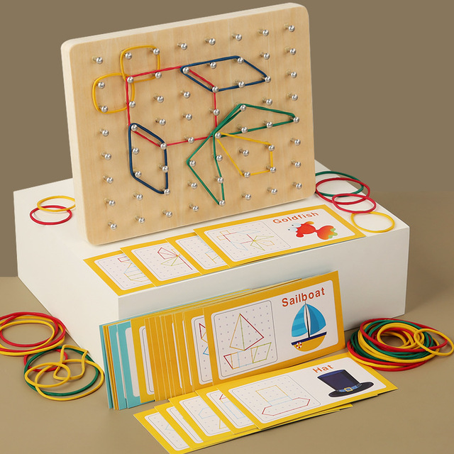 YOUBELL Montessori Wooden Educational Geoboard Elephant Owl Rubber Bands Multi-colors Preschool Geometry Learning Spatial Toys