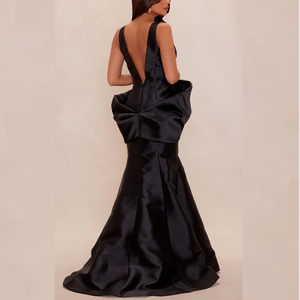 Robe <span class=keywords><strong>de</strong></span> soirée sirène personnalisable pour femme en satin noir, col en V profond, broderie, froncée, traîne chapelle, longueur cheville, pour occasions formelles - Product Image 4