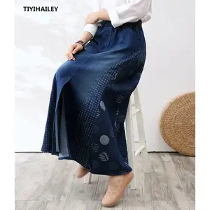 2023 Novo Longo Maxi A linha Mulheres Cintura Elástica Primavera Outono Jeans Jeans Saia Do Vintage Com Fenda Dot A Linha Saias